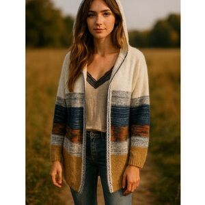 Fate Siena women’s cardigan sweater Hooded Color Block Mixed Media Striped  M